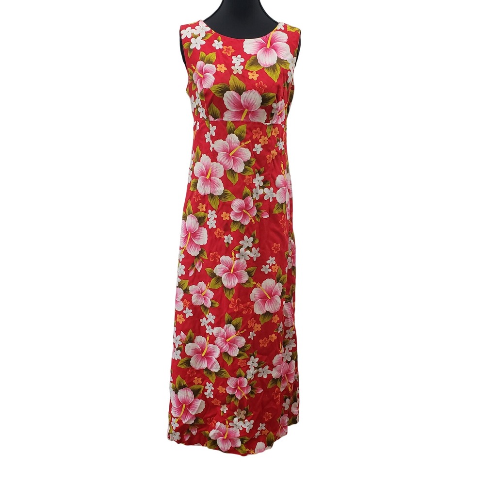 Vintage 60s Ui-Maikai Hawaii Cotton Barkcloth Sleeveless Maxi Dress Red Hibiscus